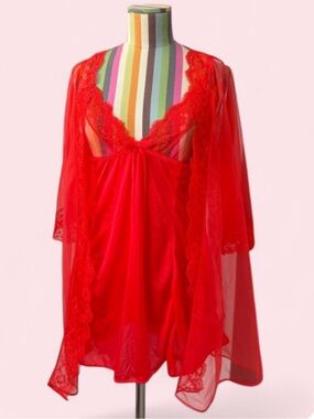 Vintage 60s-70s Pandora Peignoir Negligee Slip & Robe Lace Nylon 2 Piece Set